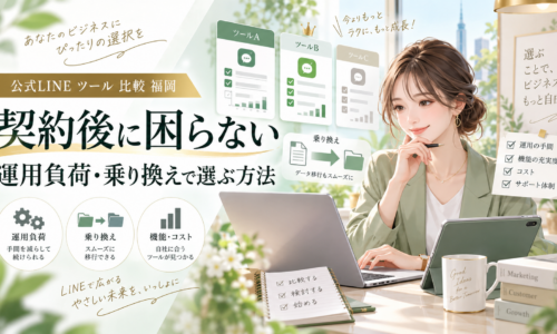 公式LINE ツール 比較 福岡をテーマに、女性が複数ツールを比較し、運用負荷・乗り換え・機能・コスト・サポート体制の違いを確認する構成