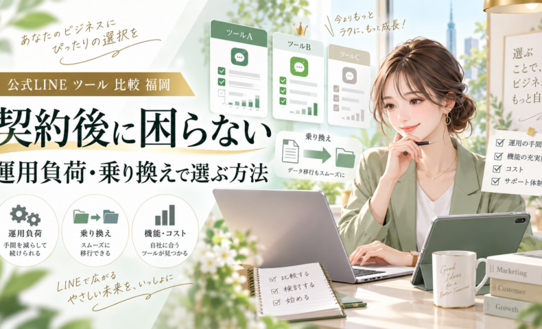 公式LINE ツール 比較 福岡をテーマに、女性が複数ツールを比較し、運用負荷・乗り換え・機能・コスト・サポート体制の違いを確認する構成