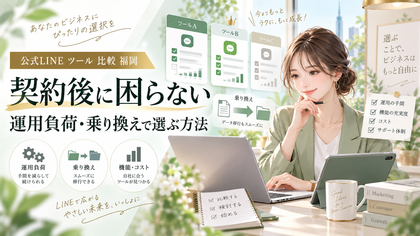 公式LINE ツール 比較 福岡をテーマに、女性が複数ツールを比較し、運用負荷・乗り換え・機能・コスト・サポート体制の違いを確認する構成