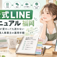 公式LINE マニュアル 福岡をテーマに、店舗スタッフの女性と運用ノート、チェックリスト、スマホ画面、準備・配信・引き継ぎの流れを示した構成