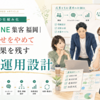 中小企業LINE集客 福岡をテーマに、会議する4人とスマホのLINE画面、担当者任せをやめて会社で成果を残す7つの運用設計を示した横長バナー