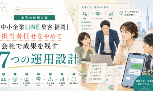 中小企業LINE集客 福岡をテーマに、会議する4人とスマホのLINE画面、担当者任せをやめて会社で成果を残す7つの運用設計を示した横長バナー
