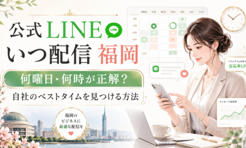 公式LINE いつ 配信 福岡をテーマに、曜日・時間帯別の配信カレンダーや反応率グラフ、時計、スマホを確認する女性を配置し、最適な配信タイミングを示した構成
