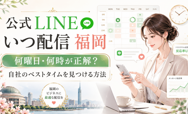 公式LINE いつ 配信 福岡をテーマに、曜日・時間帯別の配信カレンダーや反応率グラフ、時計、スマホを確認する女性を配置し、最適な配信タイミングを示した構成