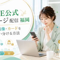 福岡の事業者向けに、女性がスマホとノートPCを見ながらLINE公式 メッセージ 配信の活用を確認し、テキスト・画像・カードの使い分け例を示した横長デザイン