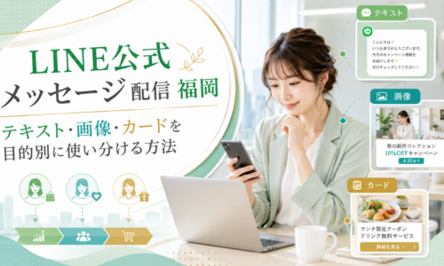 福岡の事業者向けに、女性がスマホとノートPCを見ながらLINE公式 メッセージ 配信の活用を確認し、テキスト・画像・カードの使い分け例を示した横長デザイン