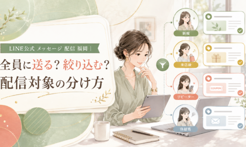 LINE公式 メッセージ 配信 福岡をテーマに、タブレットを操作する女性と新規・来店後・リピーター・休眠客の4区分、配信内容の例を並べた構成