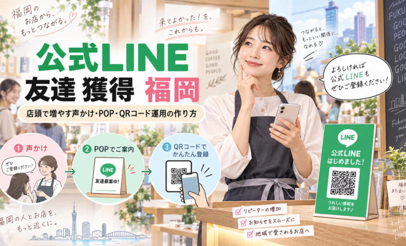 公式LINE 友達 獲得 福岡をテーマに、店舗スタッフの女性と声かけ・POP・QRコード登録の3ステップ、店頭用LINE案内を配置した構成