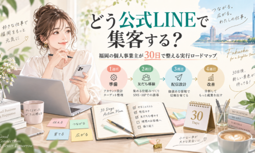 どう公式LINEで集客するかを福岡の個人事業主向けに、女性と30日計画、準備・友だち導線・配信設計・改善の4週間ロードマップで整理した構成