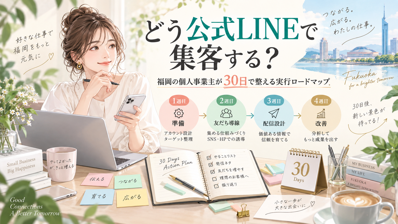 どう公式LINEで集客するかを福岡の個人事業主向けに、女性と30日計画、準備・友だち導線・配信設計・改善の4週間ロードマップで整理した構成