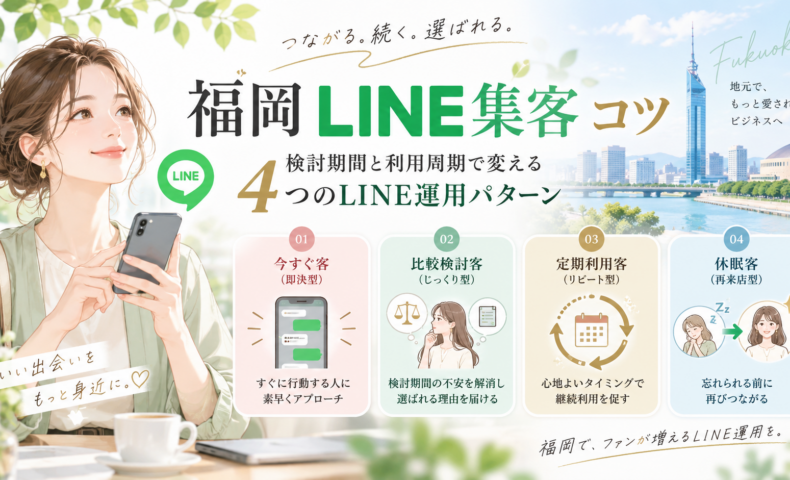 福岡 LINE 集客 コツをテーマに、スマホを見る女性と今すぐ客・比較検討客・定期利用客・休眠客の4タイプ別LINE運用を整理した構成