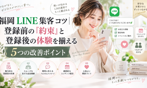 福岡 LINE 集客 コツをテーマに、スマホを見る女性と登録前の約束・友だち追加・初回メッセージ・継続配信・関係構築の5段階を示した構成